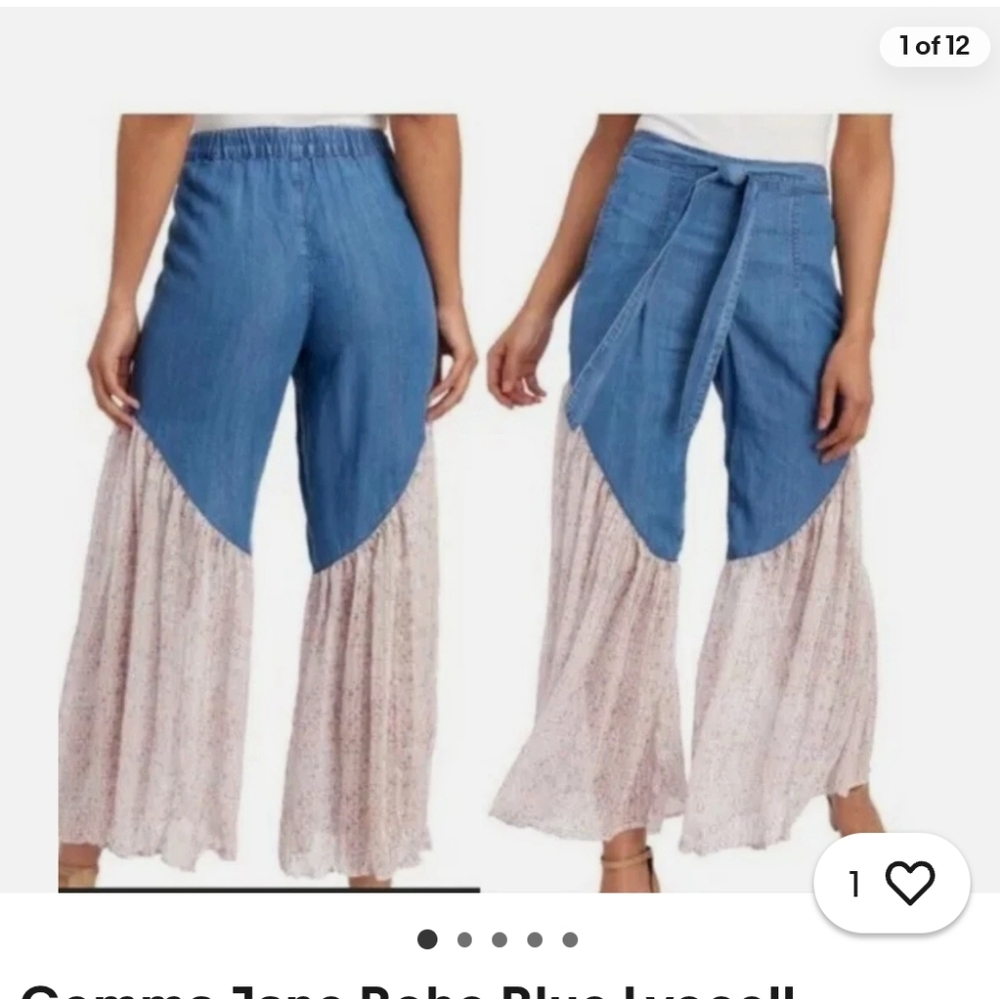 Gemma Jane Boho Blue yocell Chiffon Ultra Wide Leg FlaredTie Front Pants SzL EUC